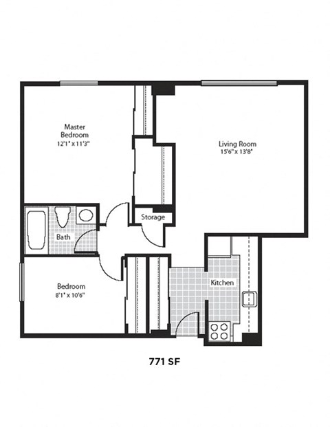 Floor plan for 2 beds, 1 bath